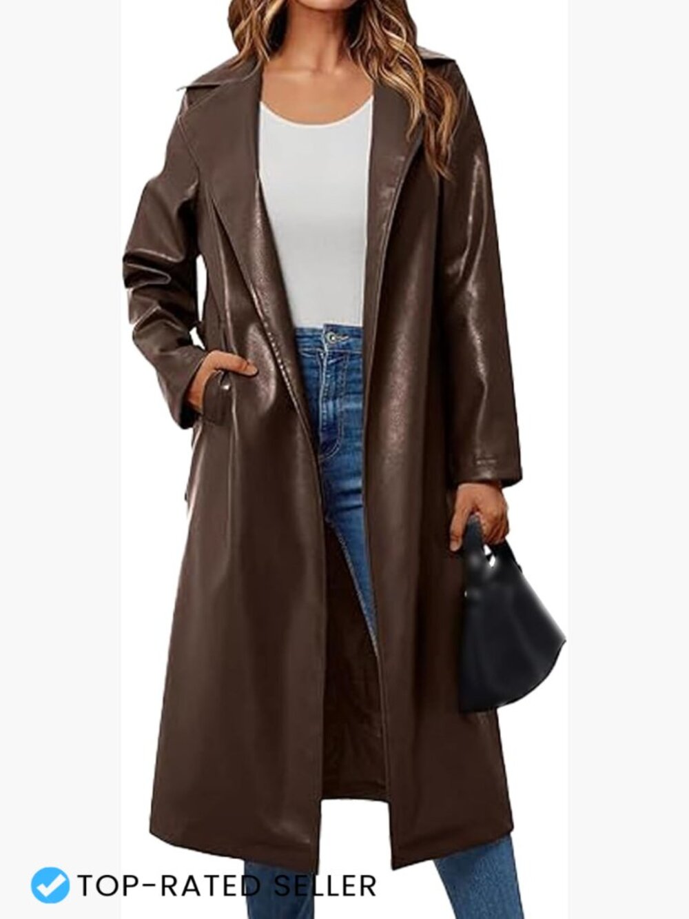 Faux Leather Trench Coat Notched Lapel Open Front Belted Maxi Jacket